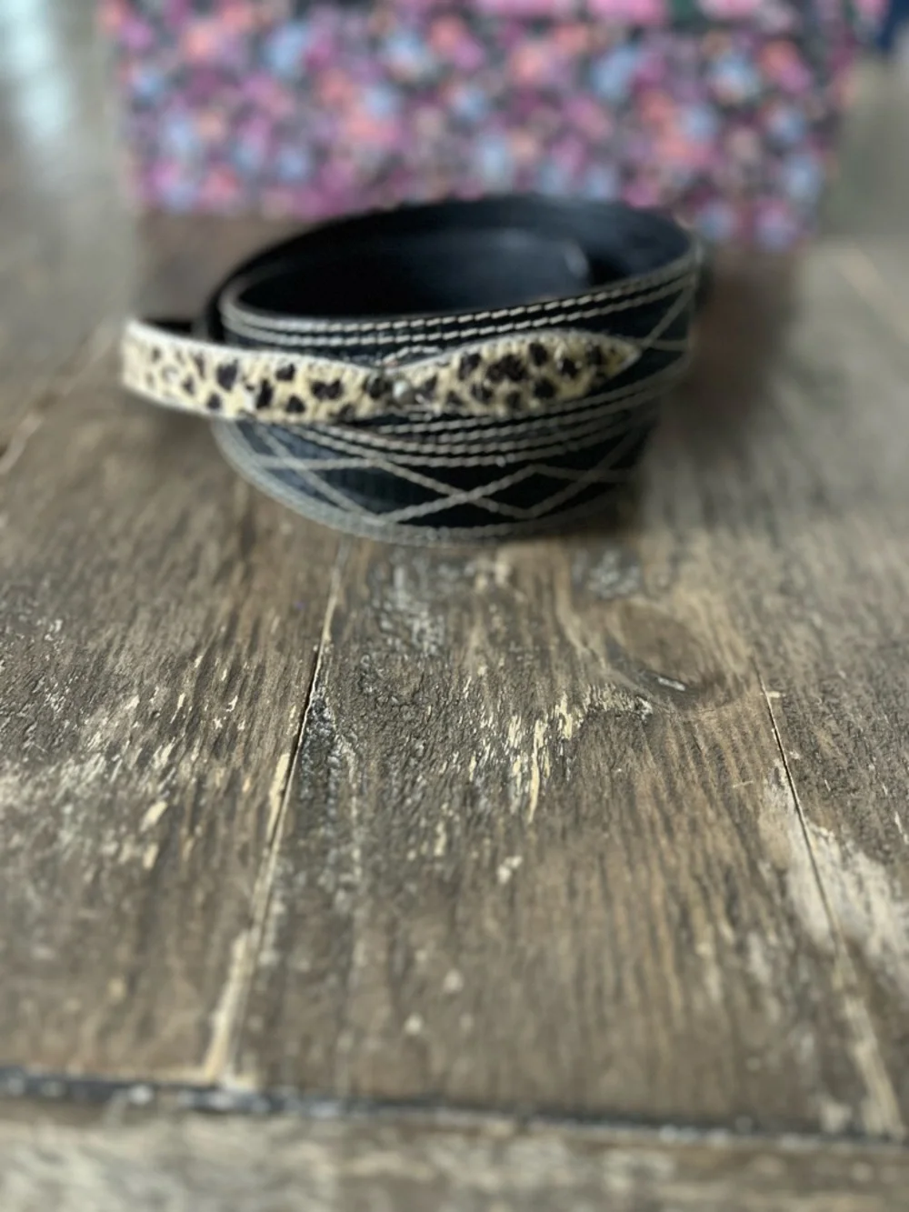 Aviator by Adelfio Vintage Belt Black Leather Faux Animal Print Made in Italy